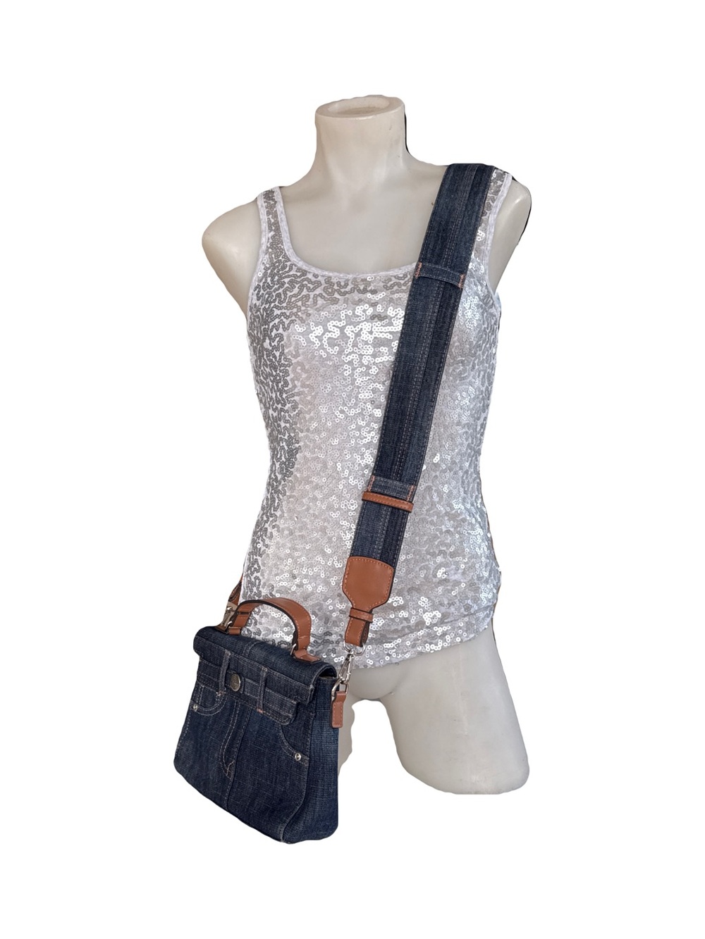 True Religion Blue Denim Crossbody Bag with Tan Handle - Picture 4 of 6